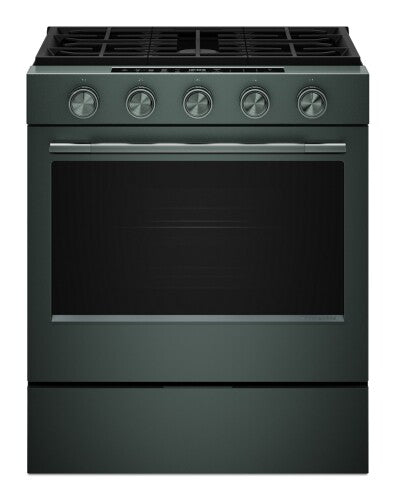 Matte green smart slide-in gas range with convection cooking and five control knobs, designed for Ranges, Gas Ranges, Kitchen & Kitchenware, Appliances collections.