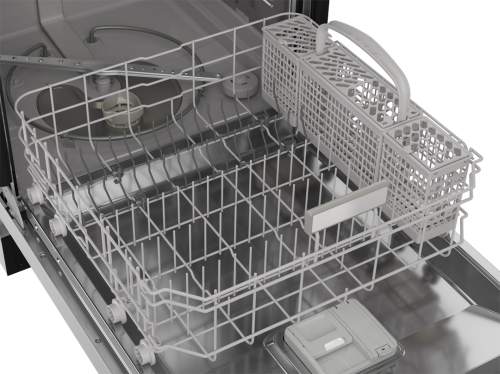 Open stainless steel dishwasher interior focusing on spacious lower rack and utensil basket from kitchen appliances collection