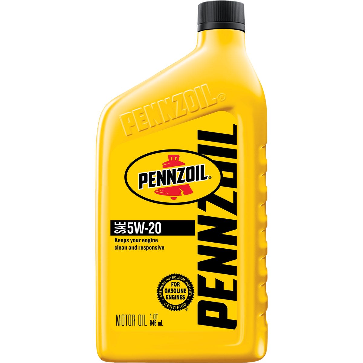 Yellow 1-quart motor oil container with black cap and 5W-20 viscosity for gasoline engines in home improvement use