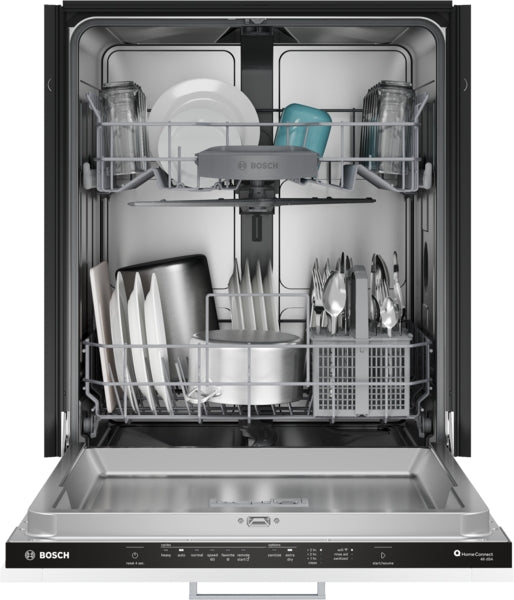Open Bosch 100 Series dishwasher loaded with dishes, cookware, and utensils for kitchenware and home appliances use