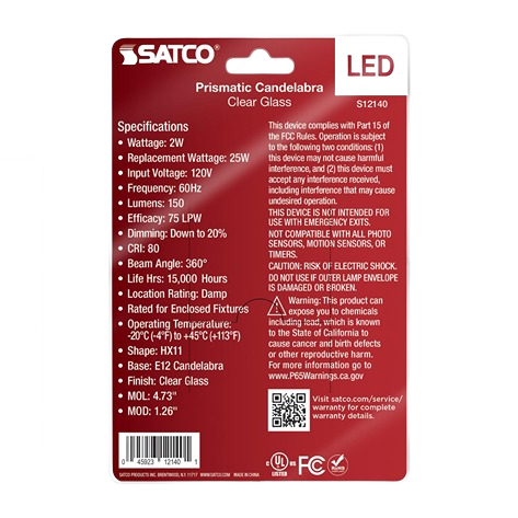 Packaging back label for Satco prismatic 2-watt LED candelabra bulb with technical specifications and safety warnings