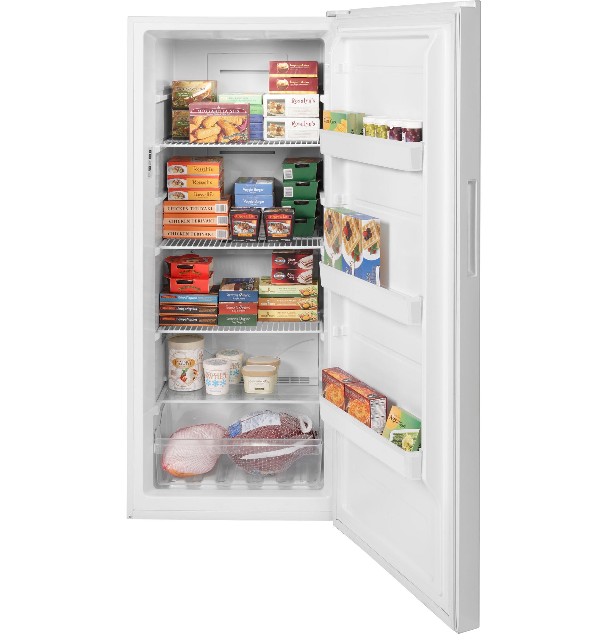 Open white upright freezer filled with frozen foods and organized shelves from Freezers & Ice Makers collection