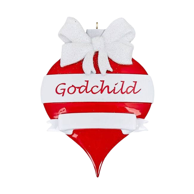 Red teardrop ornament with white bow and "Godchild" script for Christmas Ornaments & Tree Decorations under $50 collection