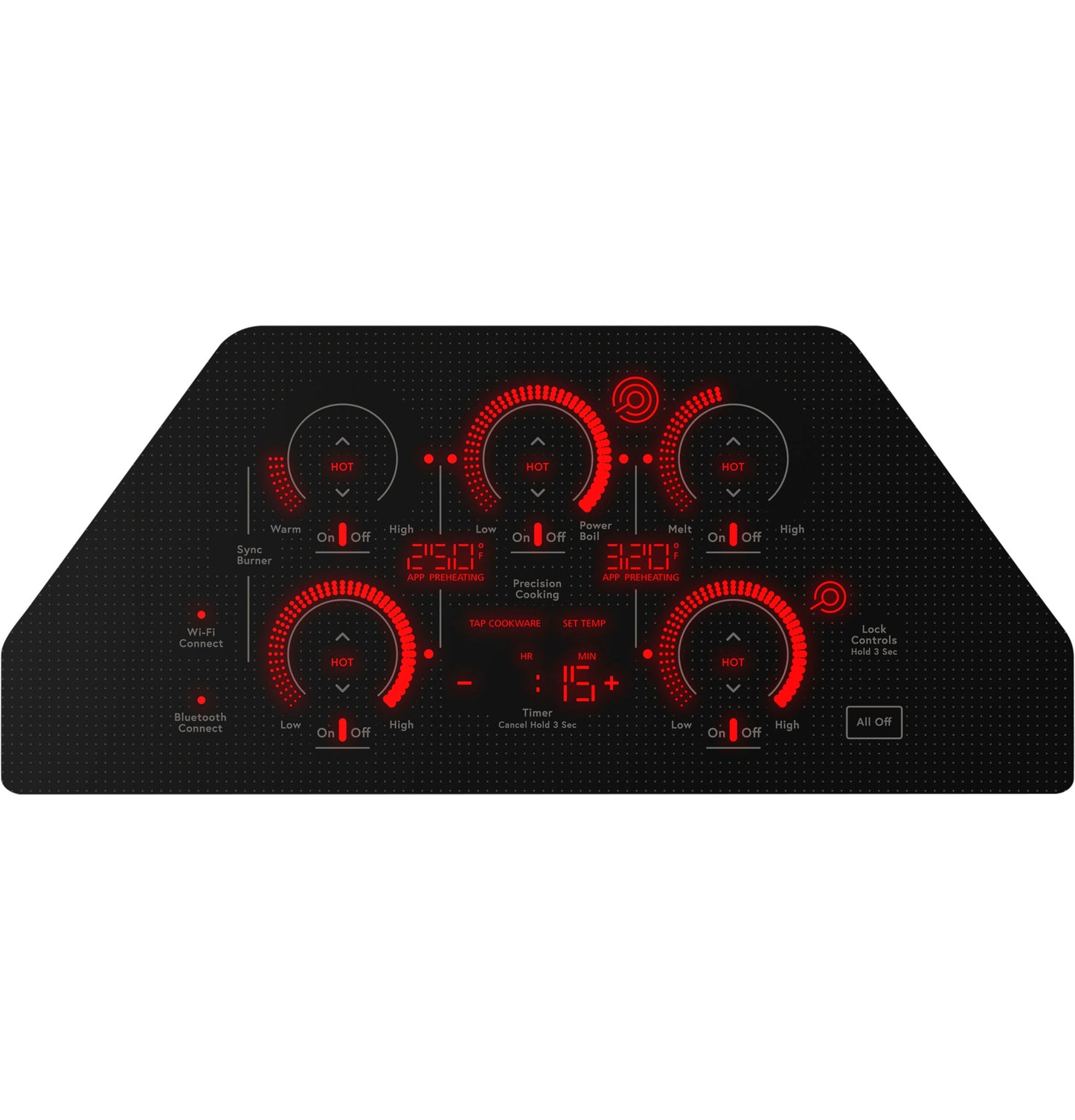 Black electric cooktop control panel with red digital display and five radiant cooking zones in kitchen appliances collection
