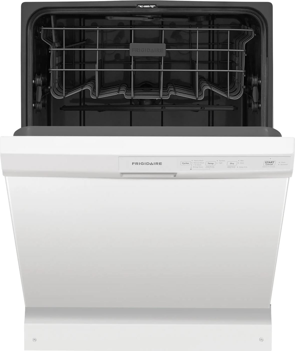 White built-in dishwasher with open door revealing black interior racks and control panel above handle for kitchen appliances.