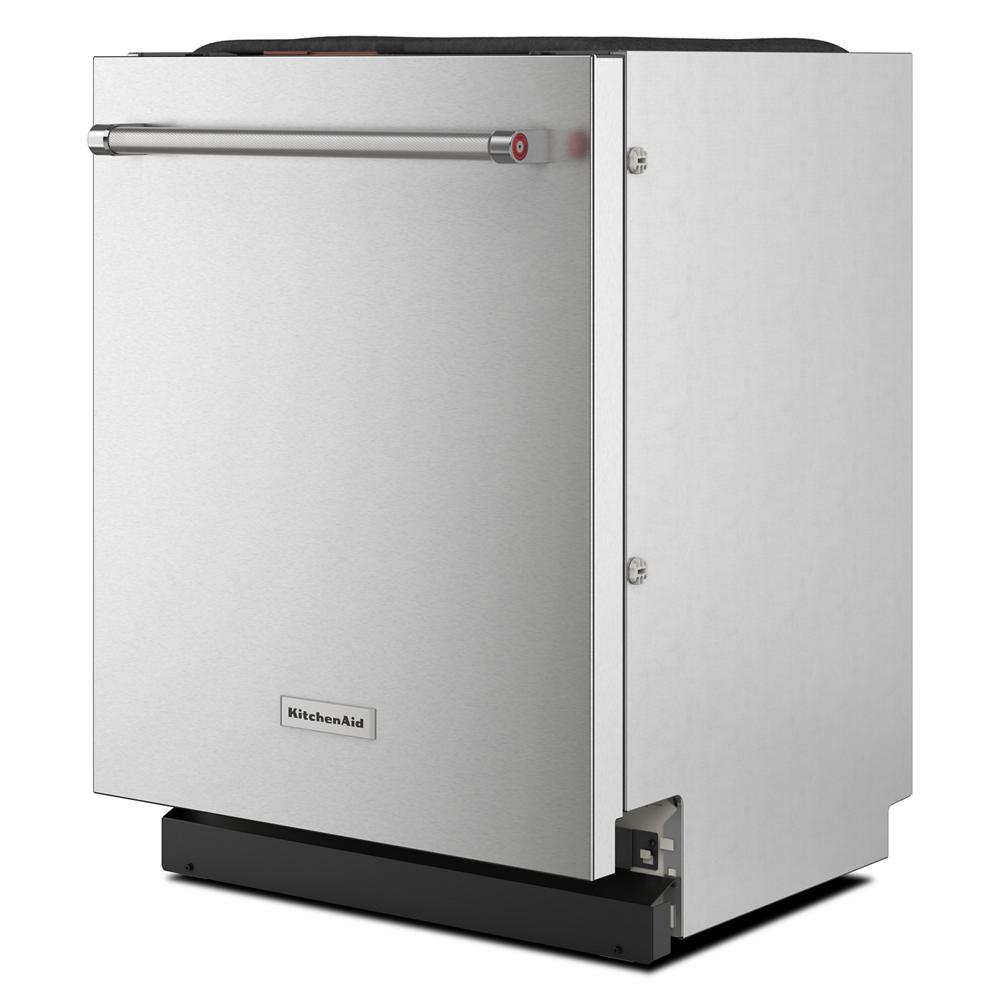 Stainless steel dishwasher with horizontal handle and PrintShield™ finish designed for flush installation in modern kitchens