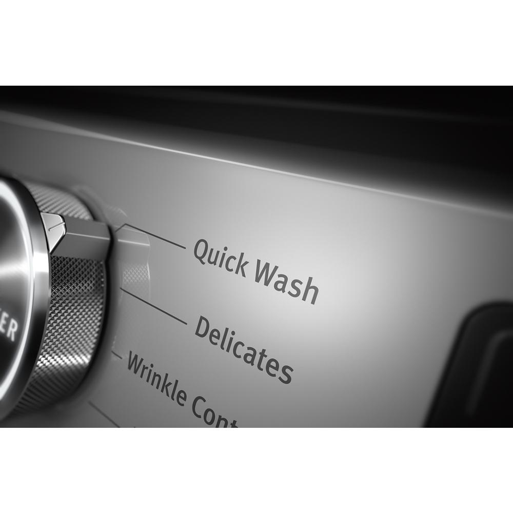 Close-up of metallic washer control panel highlighting Quick Wash and Delicates settings in front load washers collection