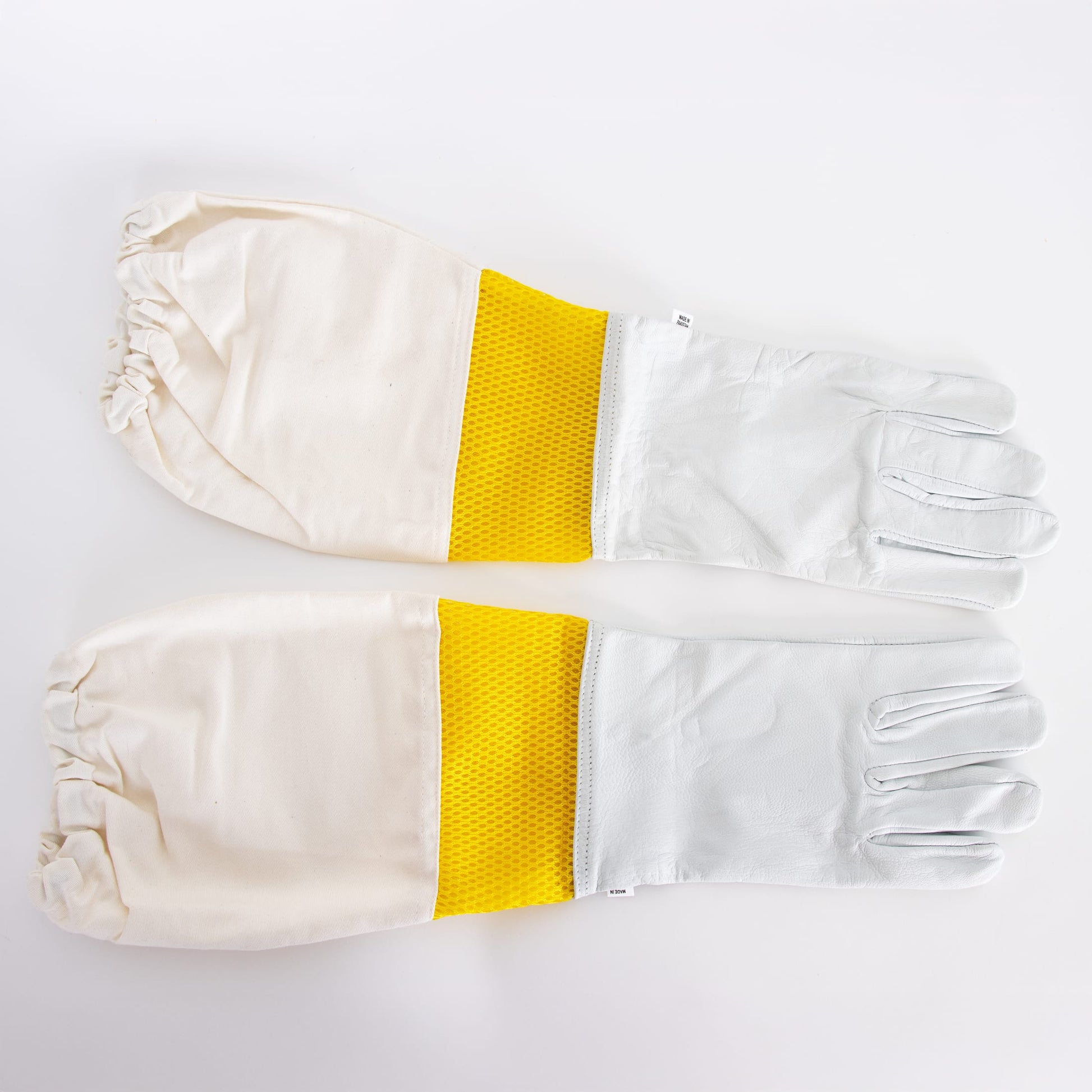 Large goatskin gloves with yellow mesh ventilation and long protective cuffs for beekeeping and home improvement tasks