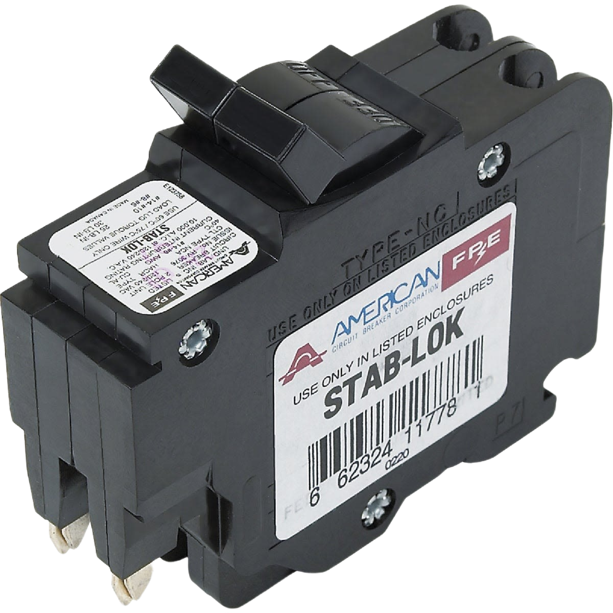 Black double-pole circuit breaker with label for replacement use in home improvement electrical panels