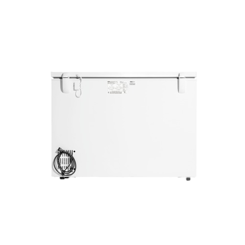 rear view of white chest freezer with power cord and ventilation panel for kitchen appliances and home improvement