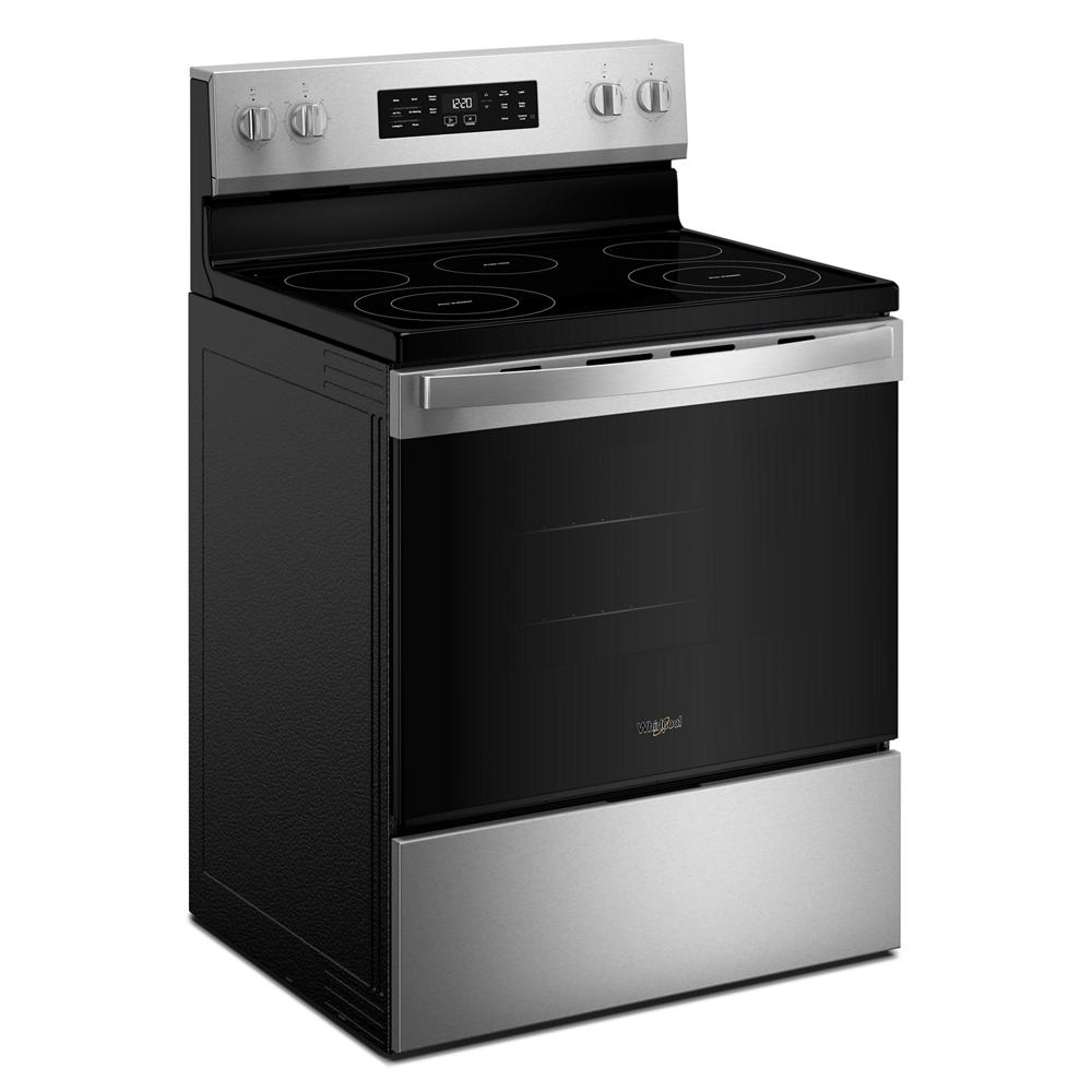 30-inch freestanding electric range with smooth glass cooktop, stainless steel accents, and digital control panel for kitchen collections