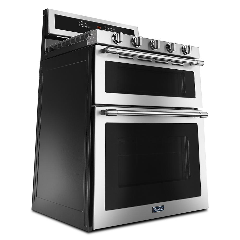 Stainless steel 30-inch double oven gas range with true convection, six control knobs, and digital display, part of Ranges, Gas Ranges, Kitchen & Kitchenware, Appliances, and Ranges & Cooktops collections.