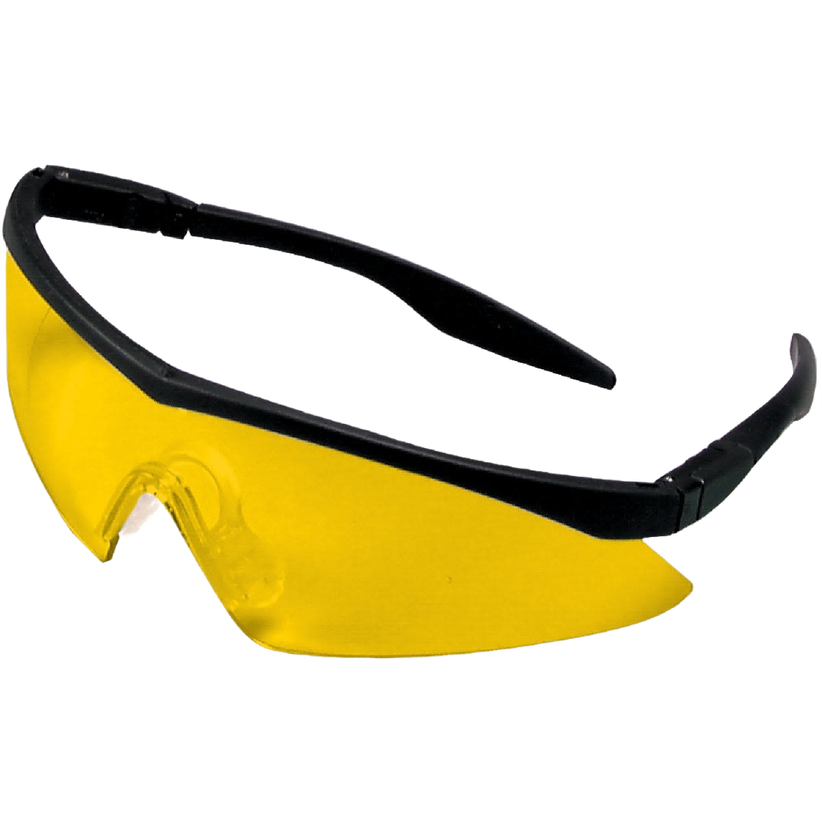 Yellow tinted safety glasses with black straight temples and adjustable ratcheted arms for secure fit in protective eyewear and safety gear collections.