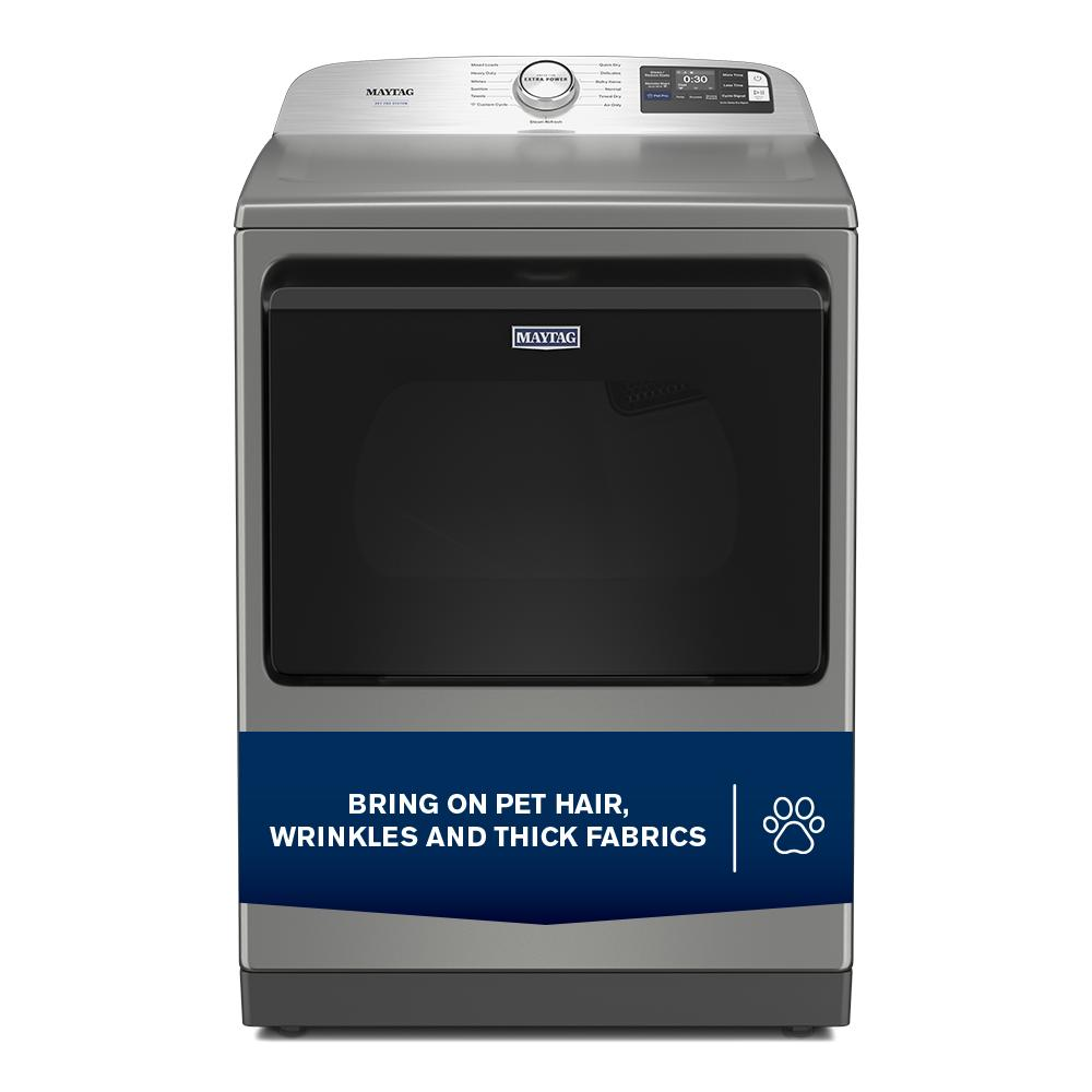 Silver top load electric dryer with digital display and control knob, featuring pet hair and wrinkle removal in appliances collection