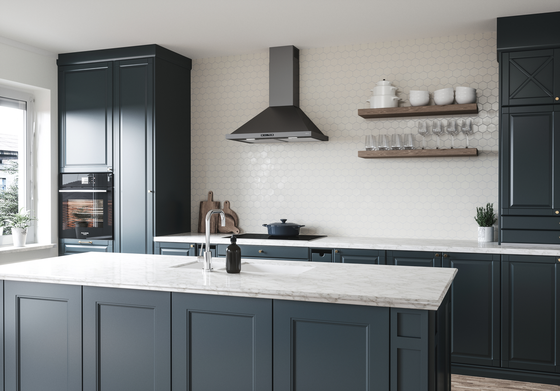 black stainless steel chimney hood with LED lighting installed above stovetop in modern kitchen setting