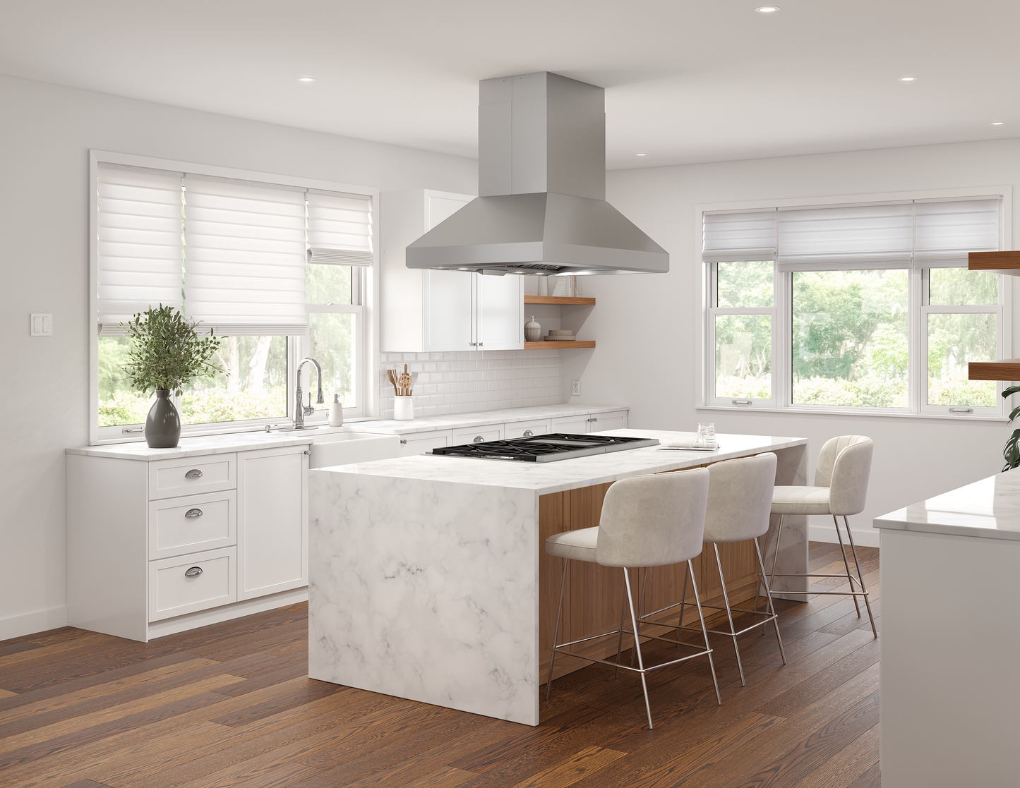 Stainless steel 36-inch island range hood with modern design and powerful ventilation, installed above a kitchen island with marble countertop, part of Range Hoods, Kitchen & Kitchenware, All Products, and Appliances collections.