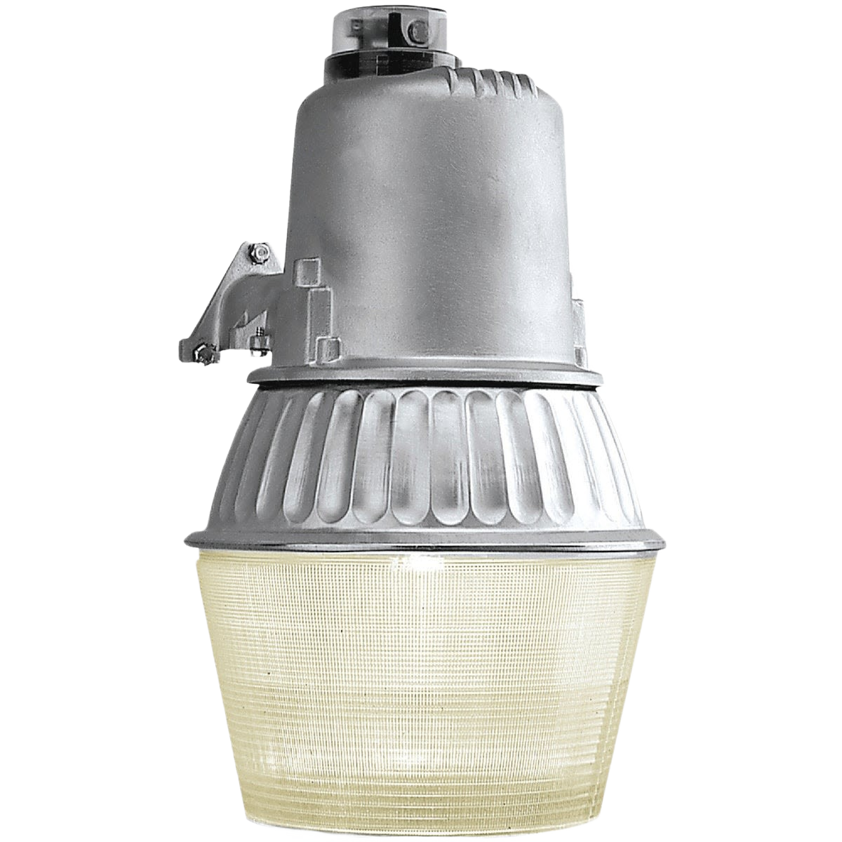 Heavy-duty outdoor light fixture with ribbed metal housing and frosted glass lens for outdoor lighting and electrical projects