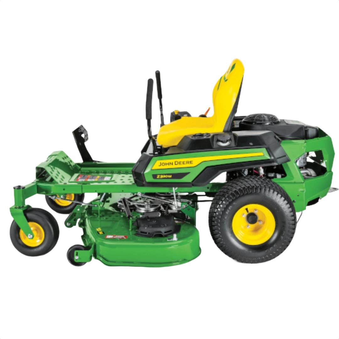 Green and yellow zero-turn mower with comfortable yellow seat and heavy-duty 54-inch cutting deck for efficient lawn care