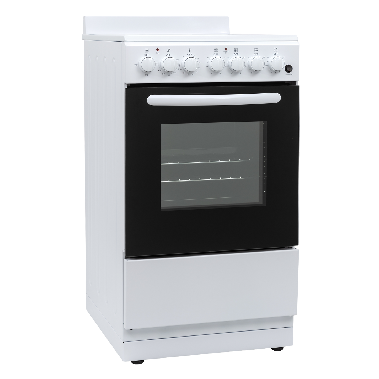 White freestanding electric range with black oven door, control knobs, and glass oven window in kitchen appliances collection