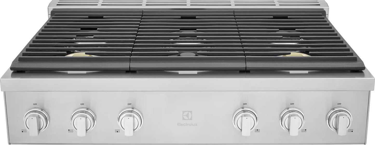 36-inch stainless steel gas rangetop with six burners including two flexible brass power burners from Cooktops collection