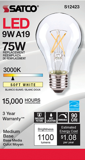 Clear LED bulb with medium base, 3000K soft white light, dimmable, energy-efficient with 1100 lumens brightness