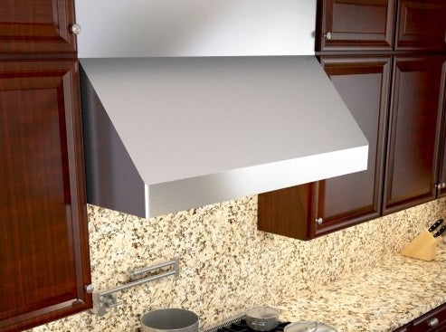 Brushed stainless steel canopy hood with LED lighting installed above granite countertop in kitchen setting for home improvement.