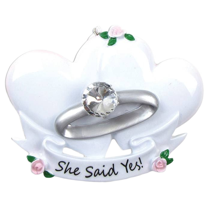 White double-heart ornament with silver engagement ring and pink floral details for Christmas tree decor under $50 collection