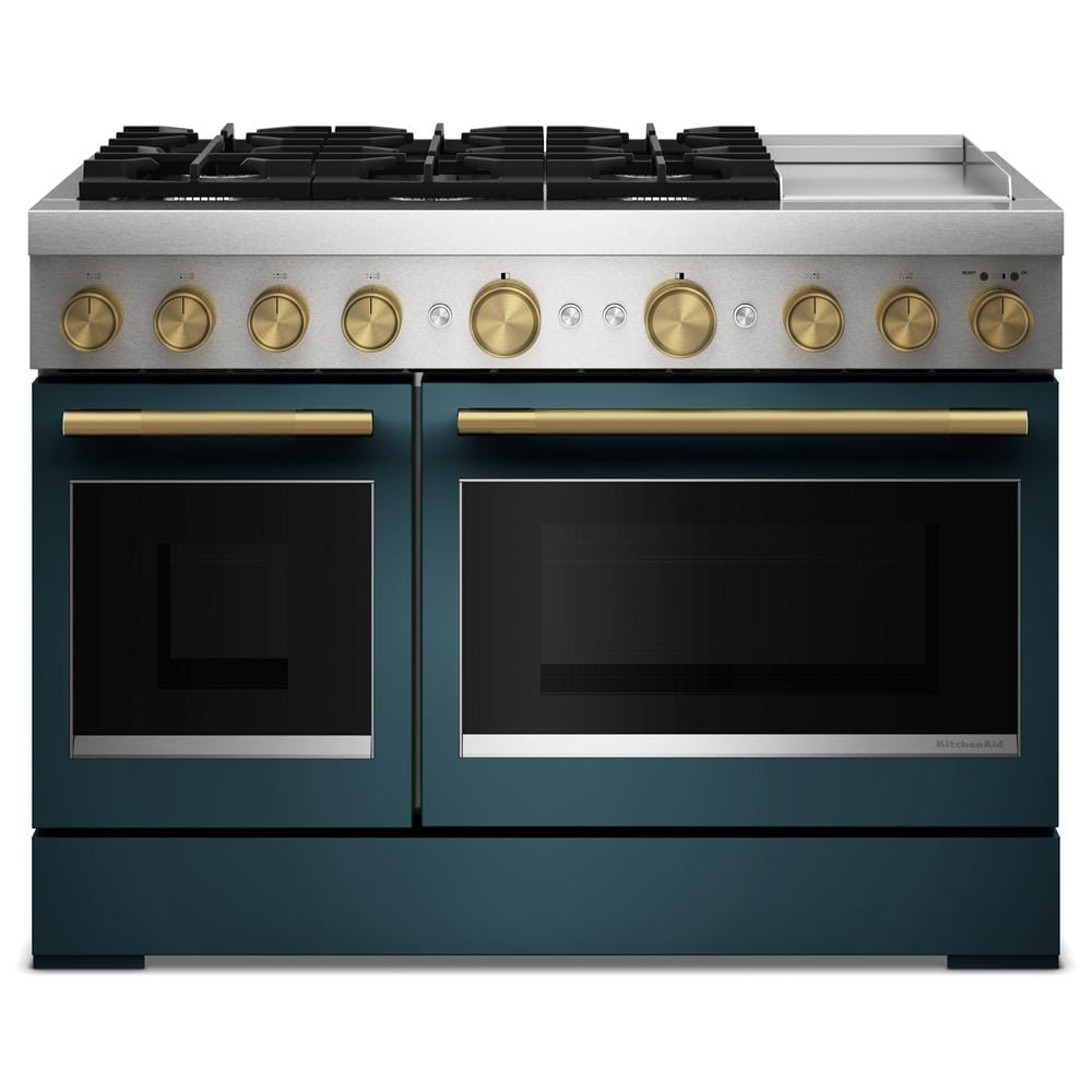 48-inch dual fuel range with six gas burners, electric griddle, and double ovens in blue and brass accents from KitchenAid