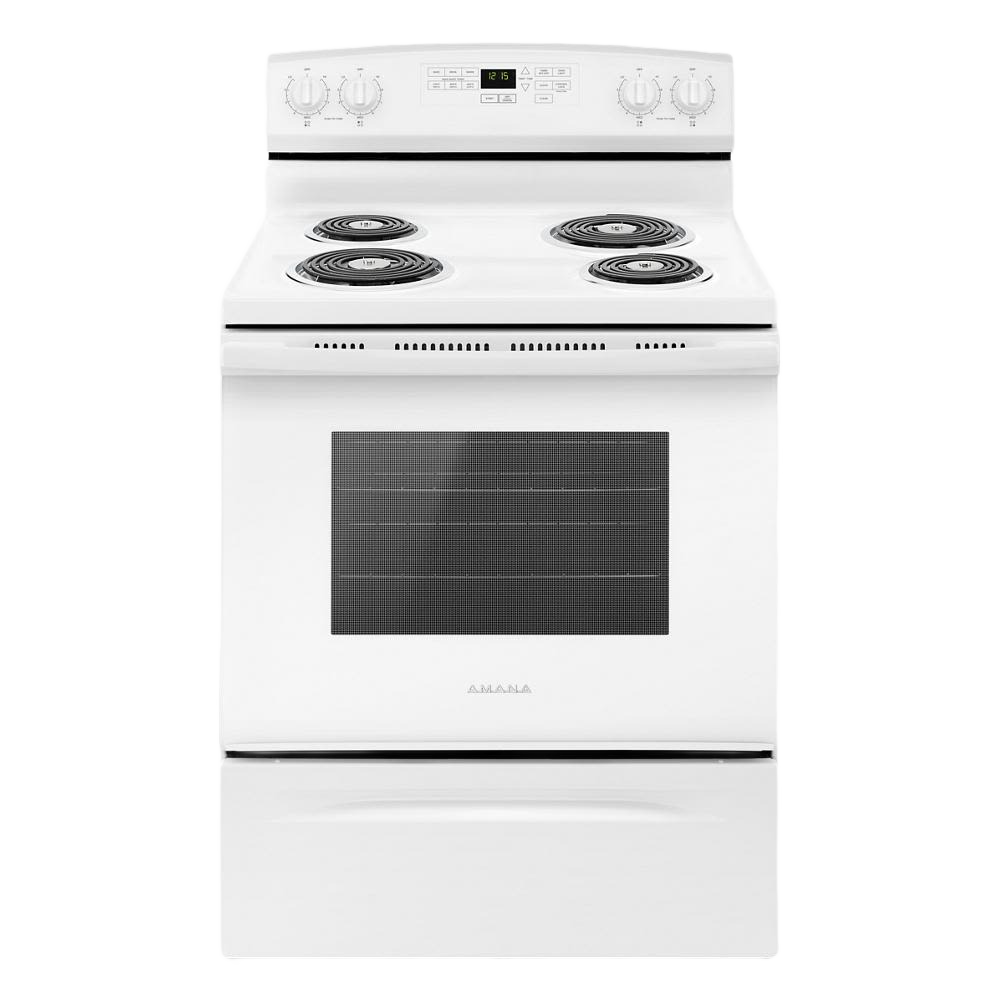 White freestanding electric range with four coil burners and digital controls from Ranges and Electric Ranges collections