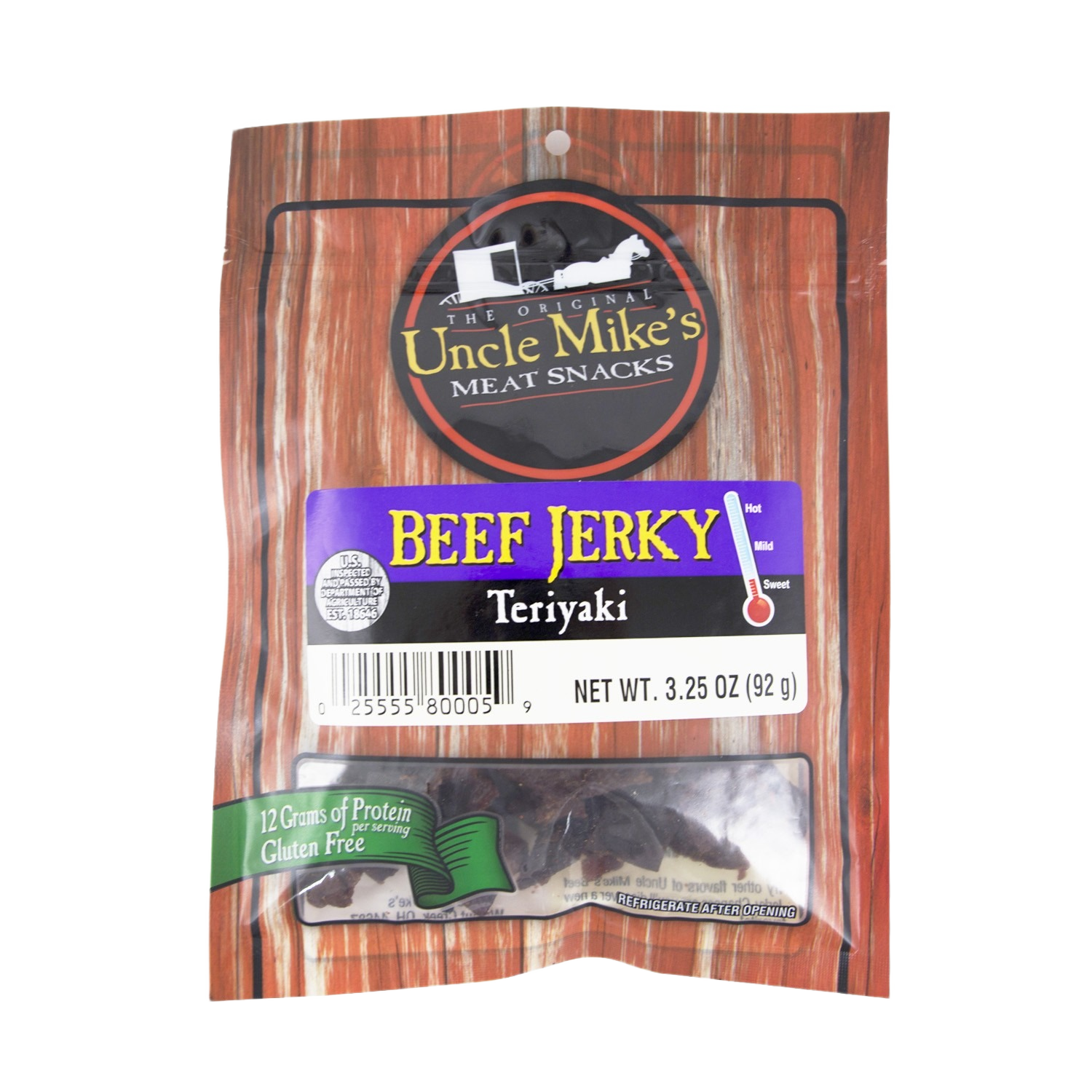 Package of Uncle Mike's teriyaki beef jerky snack with gluten-free and protein highlights in Chips & Snacks and Food & Beverage collections