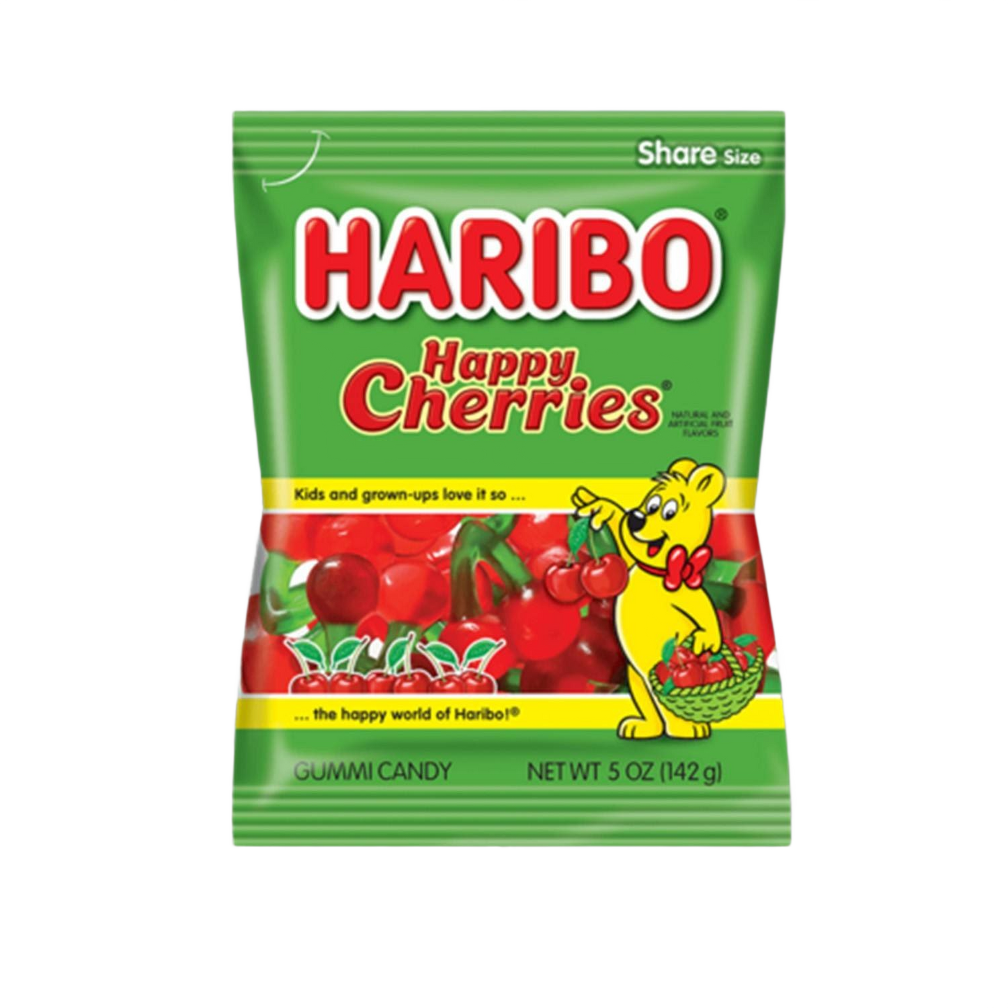 Green bag of Haribo Happy Cherry Gummies with red cherry-shaped gummies inside in Candy and Food & Beverage collections