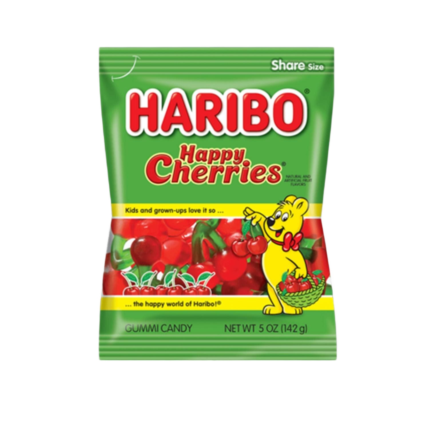 Green bag of Haribo Happy Cherry Gummies with red cherry-shaped gummies inside in Candy and Food & Beverage collections
