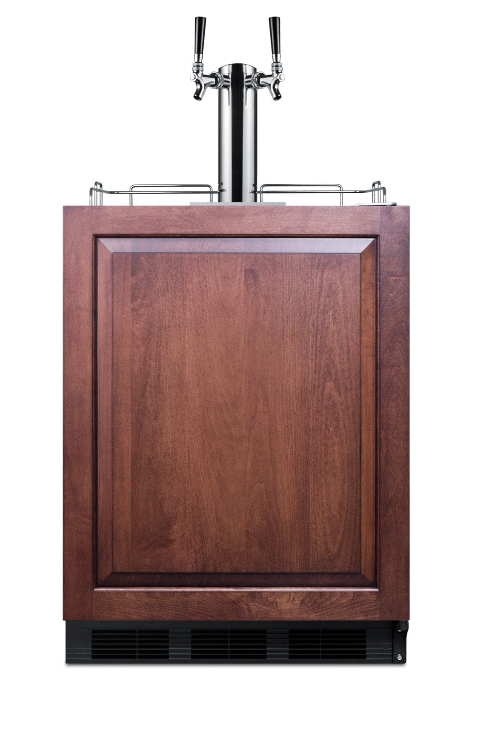 Built-in kegerator with wooden panel front and dual chrome beer taps for kitchen and appliance collections