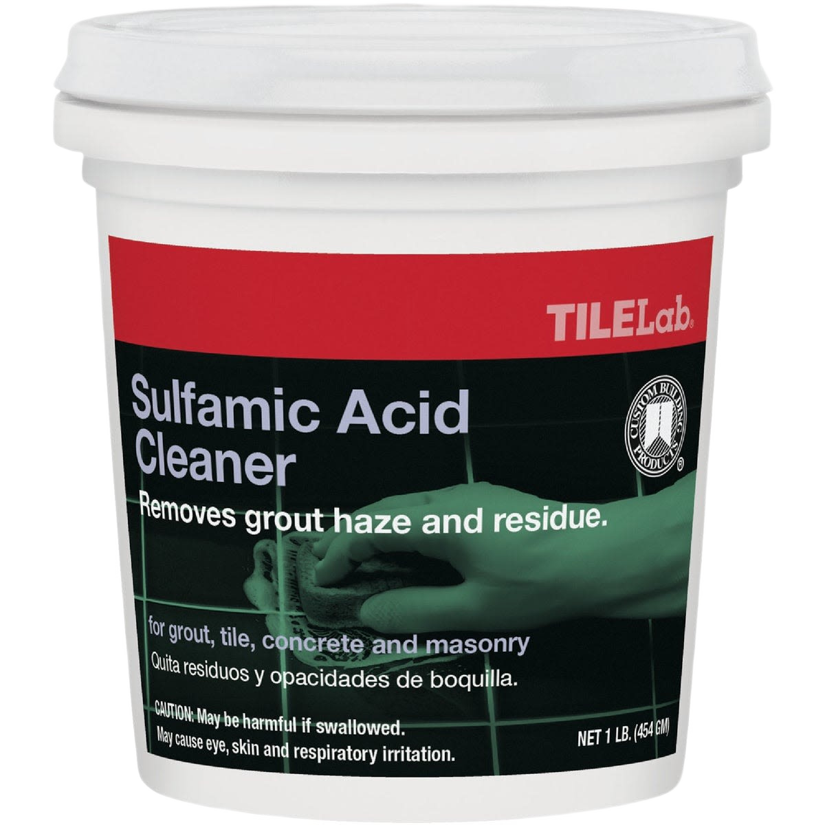 White plastic bucket of TILELab sulfamic acid cleaner for removing grout haze from tile and masonry surfaces