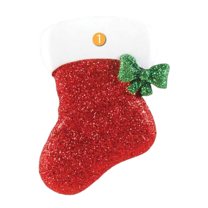 Red glitter Christmas stocking ornament with white cuff and green bow in Christmas Ornaments & Tree Decorations under $50 collection