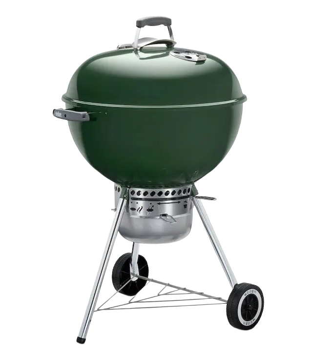 Green kettle-style charcoal grill with lid, wheels, and vent for outdoor cooking and grilling collections