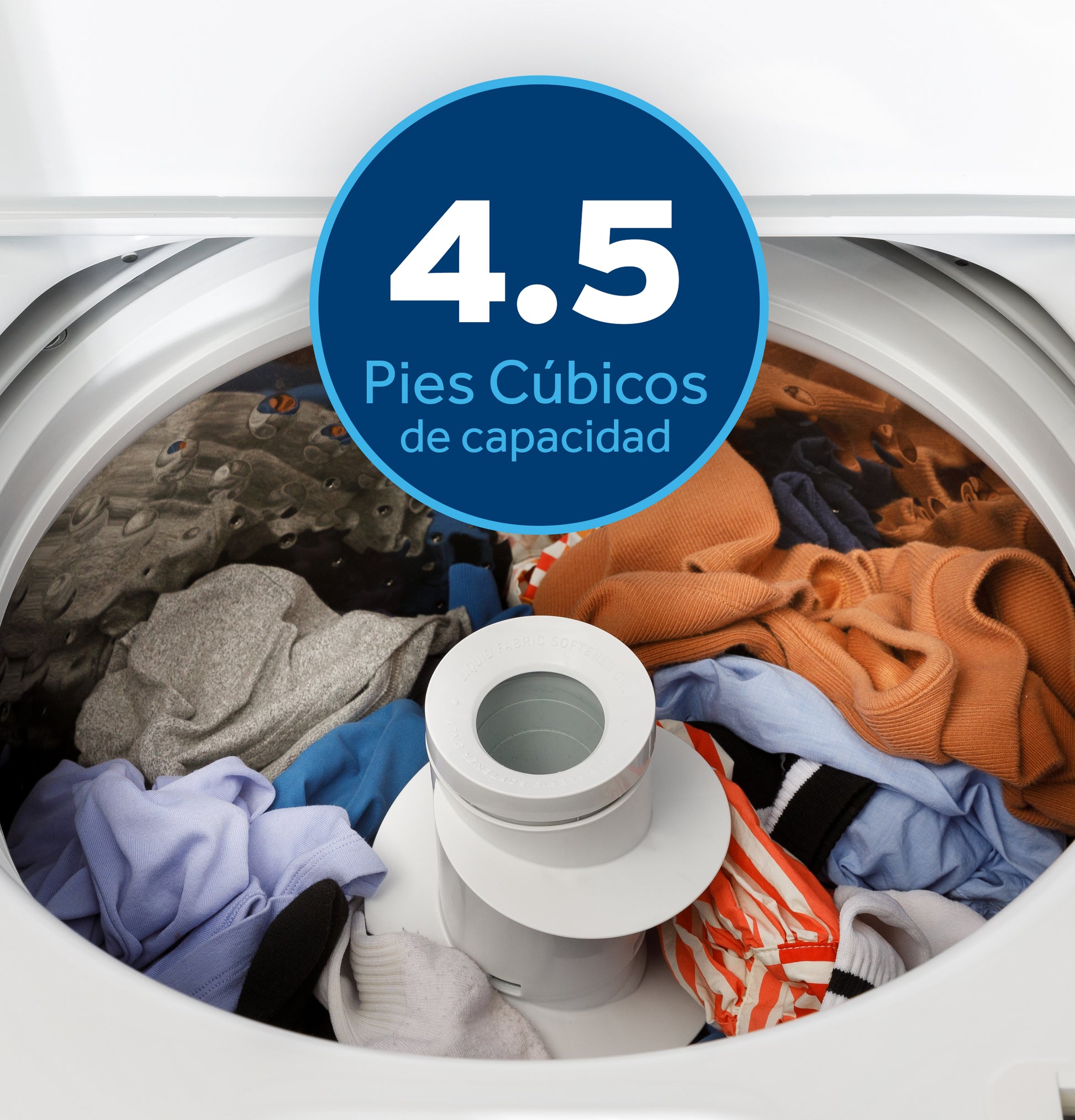 Top load washer filled with mixed clothes showing 4.5 cubic feet capacity label in laundry appliances collection