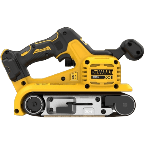 Compact yellow and black cordless brushless belt sander designed for efficient home improvement tools use