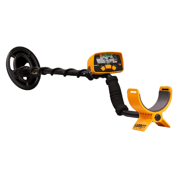 Lightweight entry-level metal detector with black coil and adjustable shaft, featuring orange control panel, available in rental equipment at Hartville Hardware.
