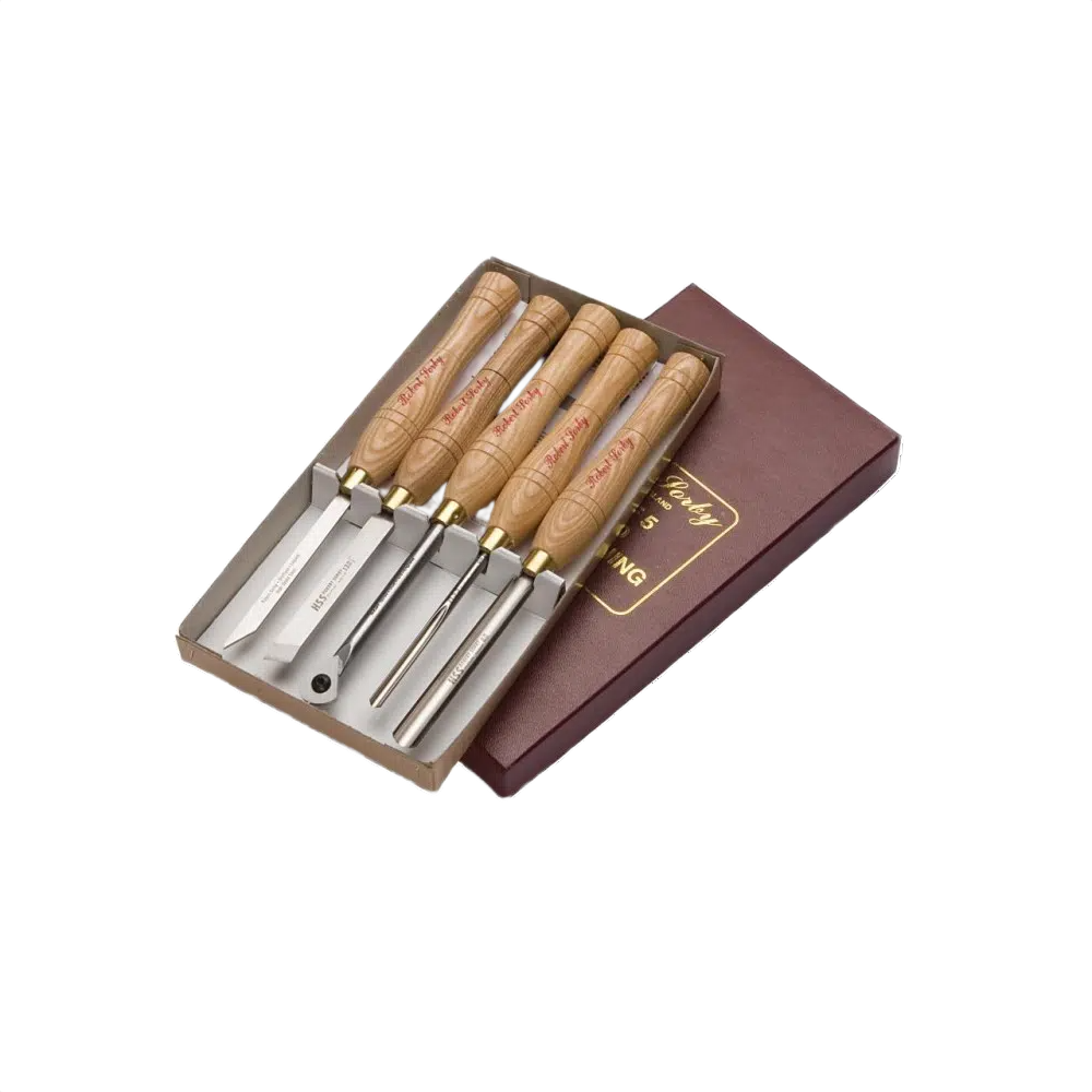 Set of five woodturning tools with wooden handles in a branded box for precision home improvement tasks