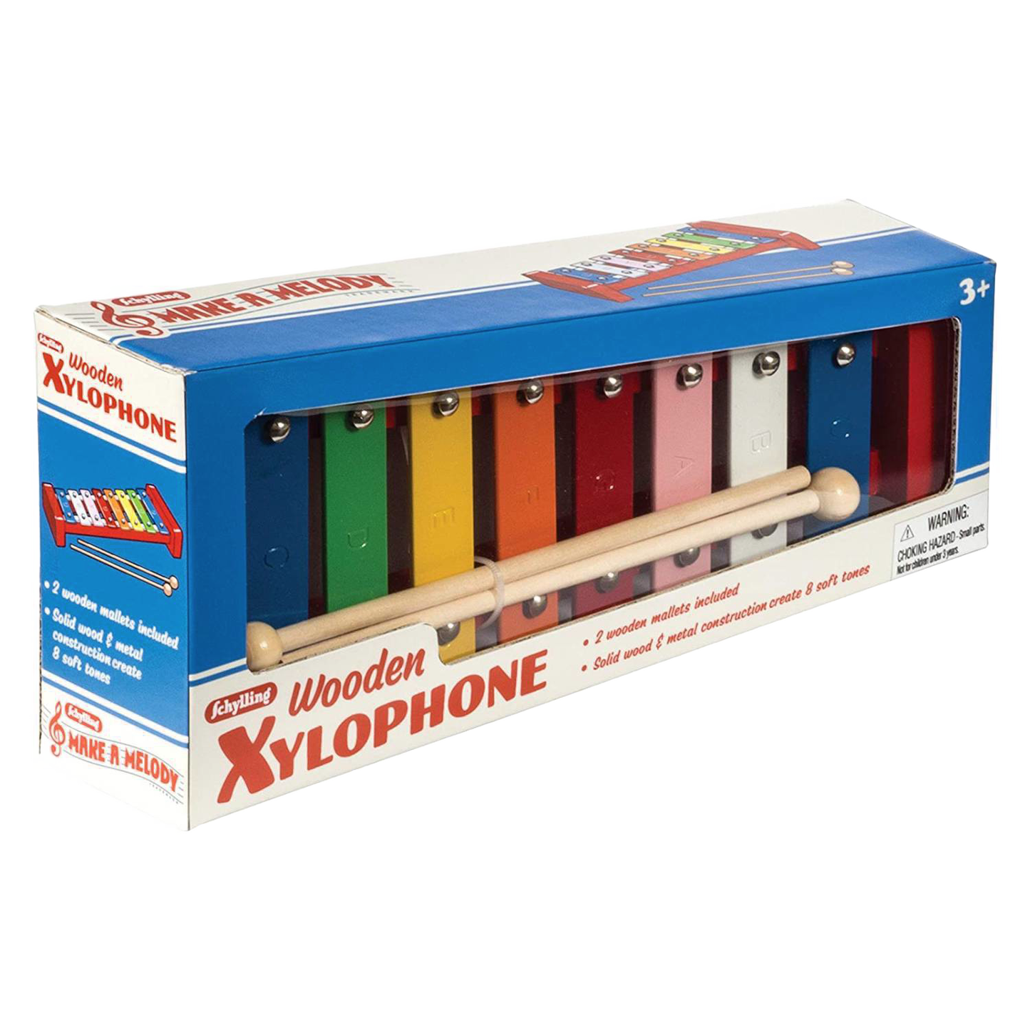 Colorful wooden xylophone toy with eight metal bars and two wooden mallets for children's music play under $50