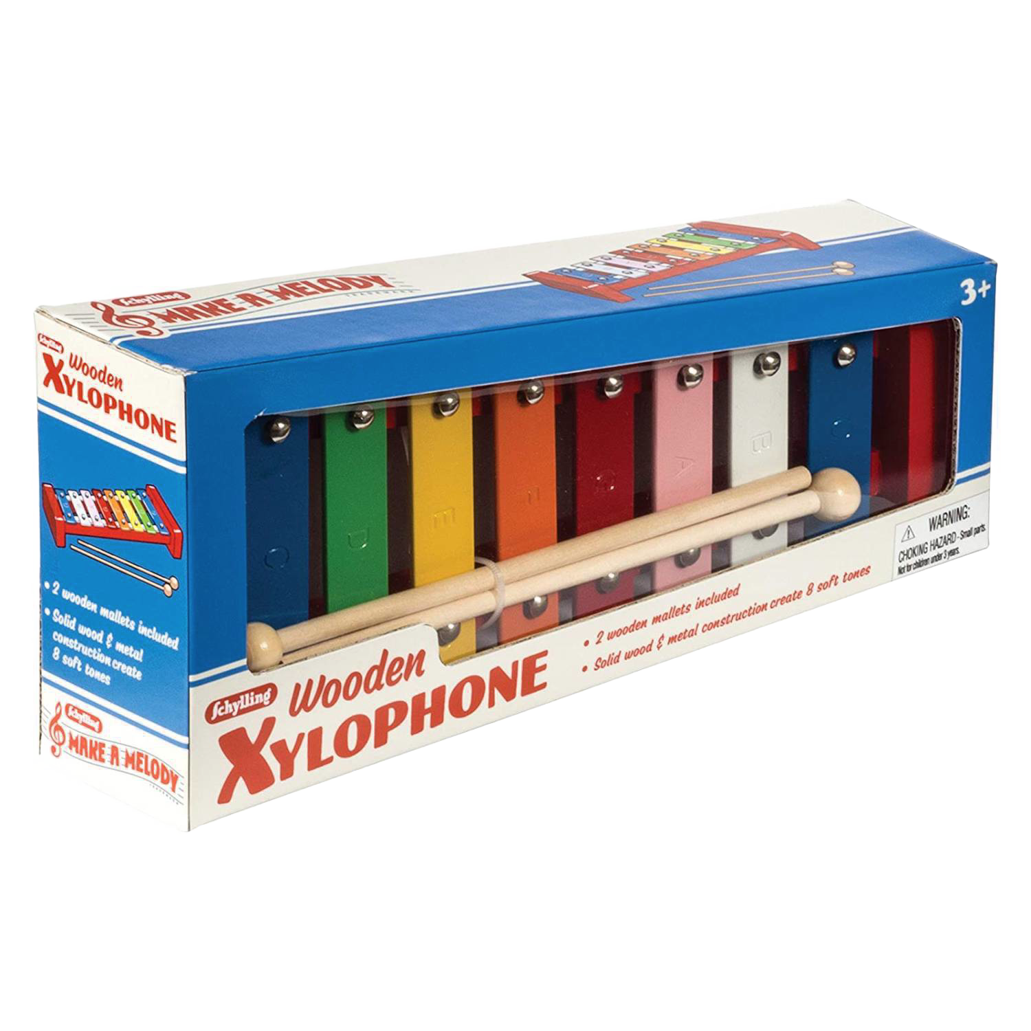 Colorful wooden xylophone toy with eight metal bars and two wooden mallets for children's music play under $50