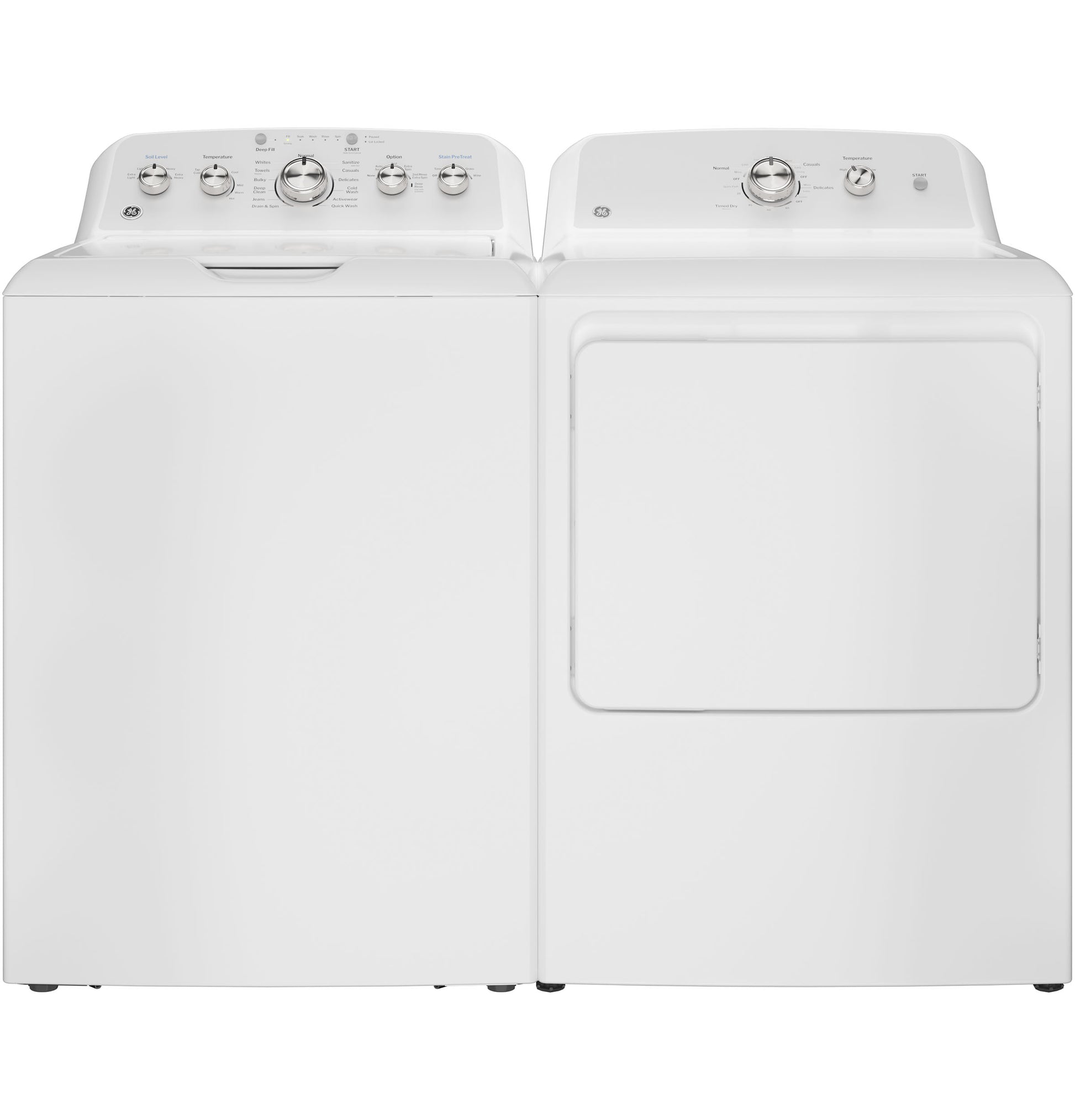 White top load washer and matching electric dryer with control knobs, part of home appliances and dryers collection