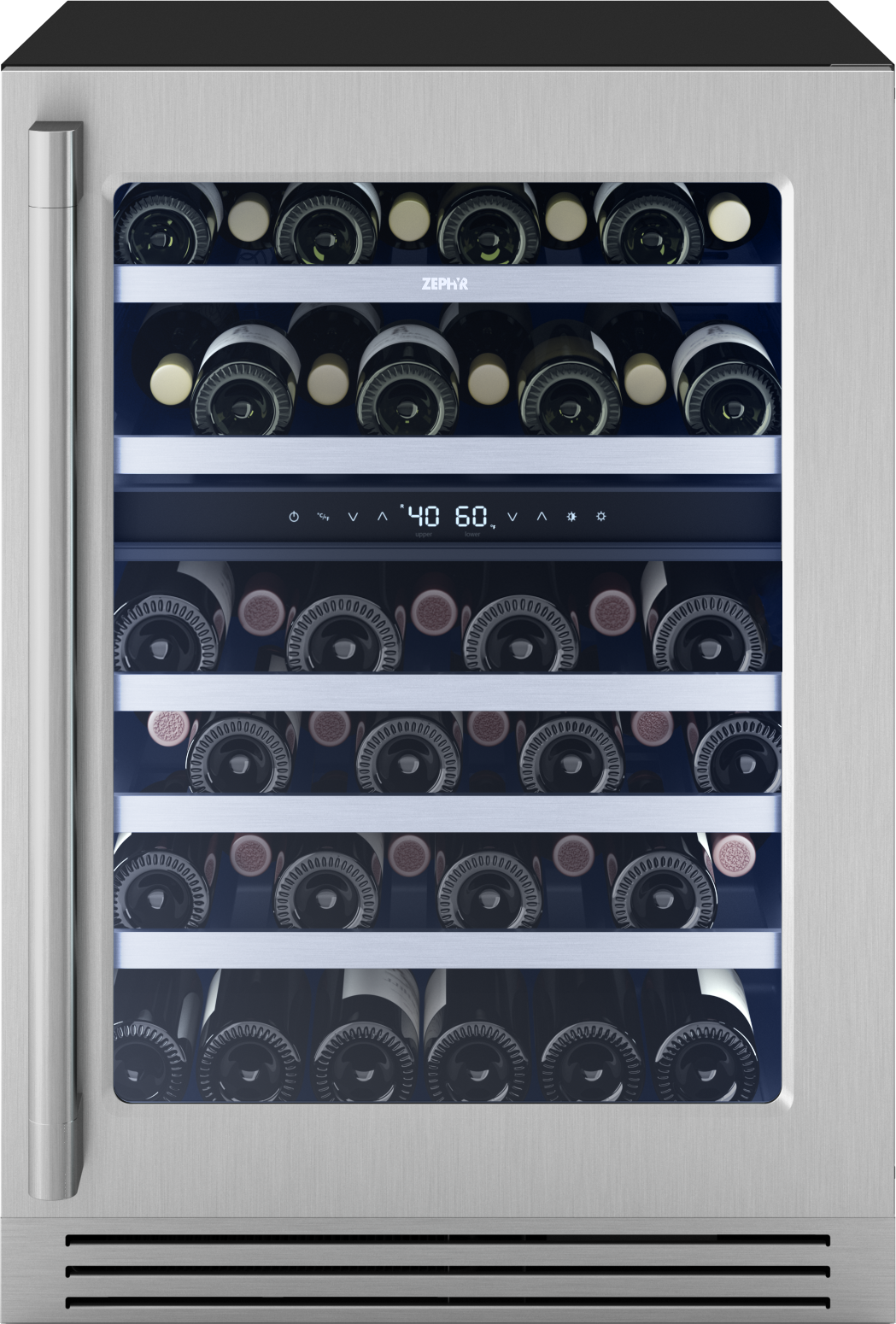 Stainless steel wine cooler with glass door, digital temperature display, and wooden shelves in kitchen appliance collection