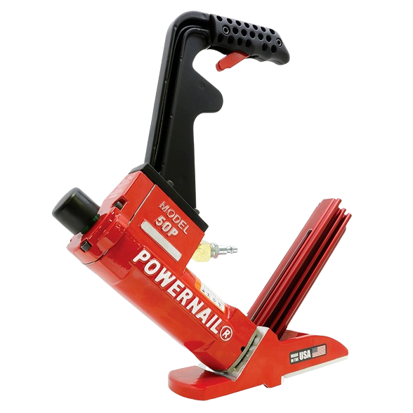 Red and black pneumatic hardwood flooring nailer with ergonomic handle and angled magazine, designed for precise fastening in rental tools at Hartville Hardware.