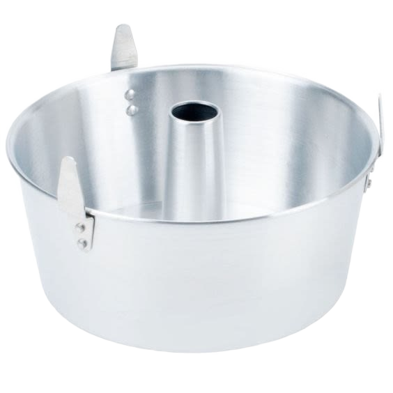 Round aluminum loose bottom angel food cake pan with center tube and locking clips for easy cake release