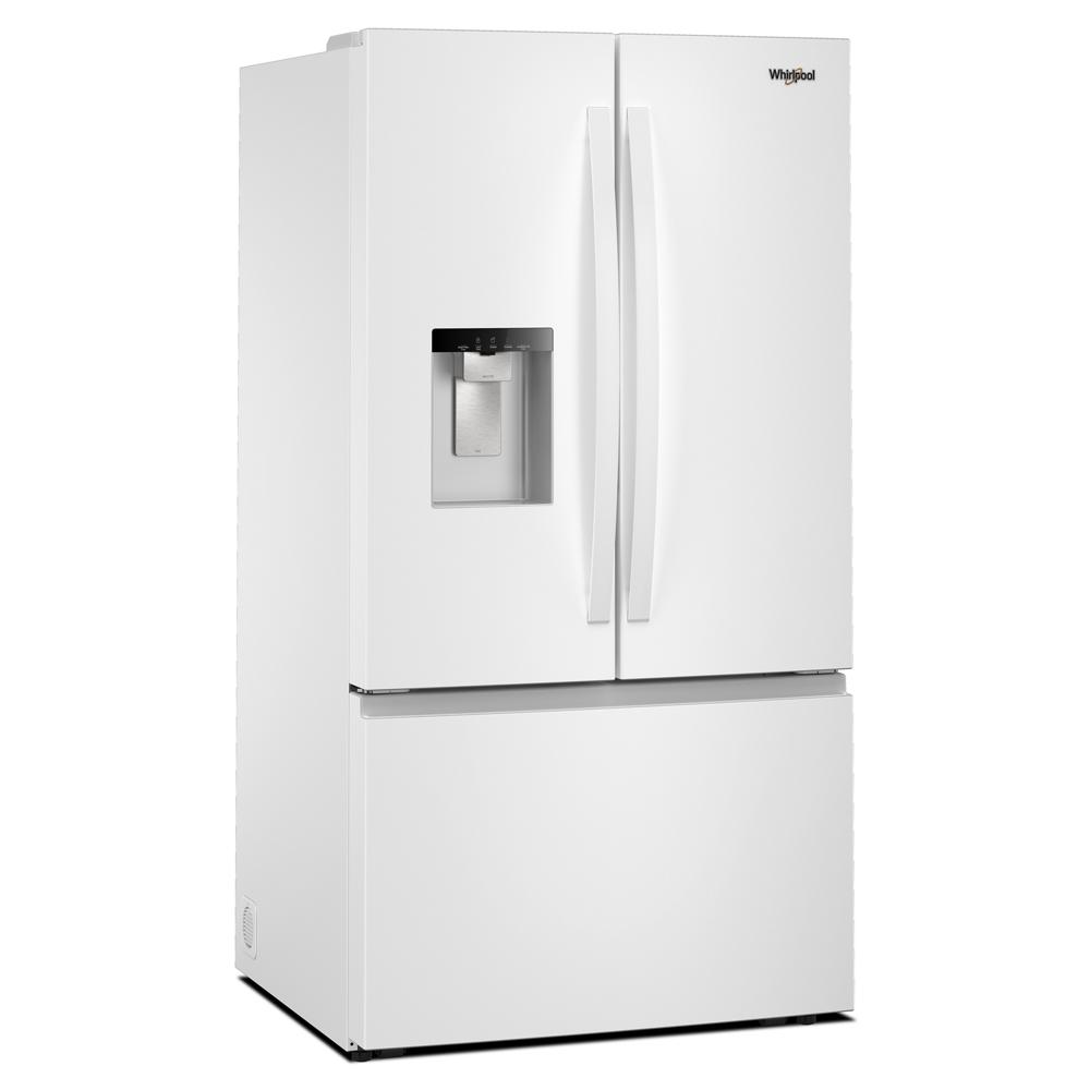 White French door refrigerator with bottom freezer drawer and built-in water and ice dispenser for kitchen appliances