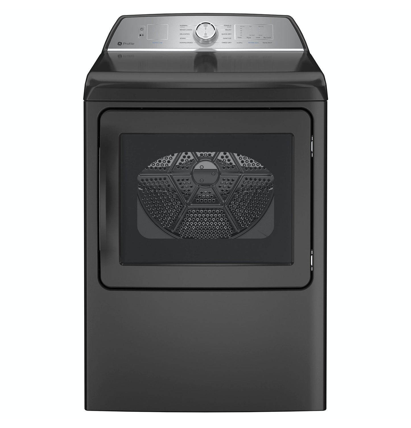 Black electric dryer with aluminized alloy drum visible through glass door and brushed metal control panel from Dryers collection