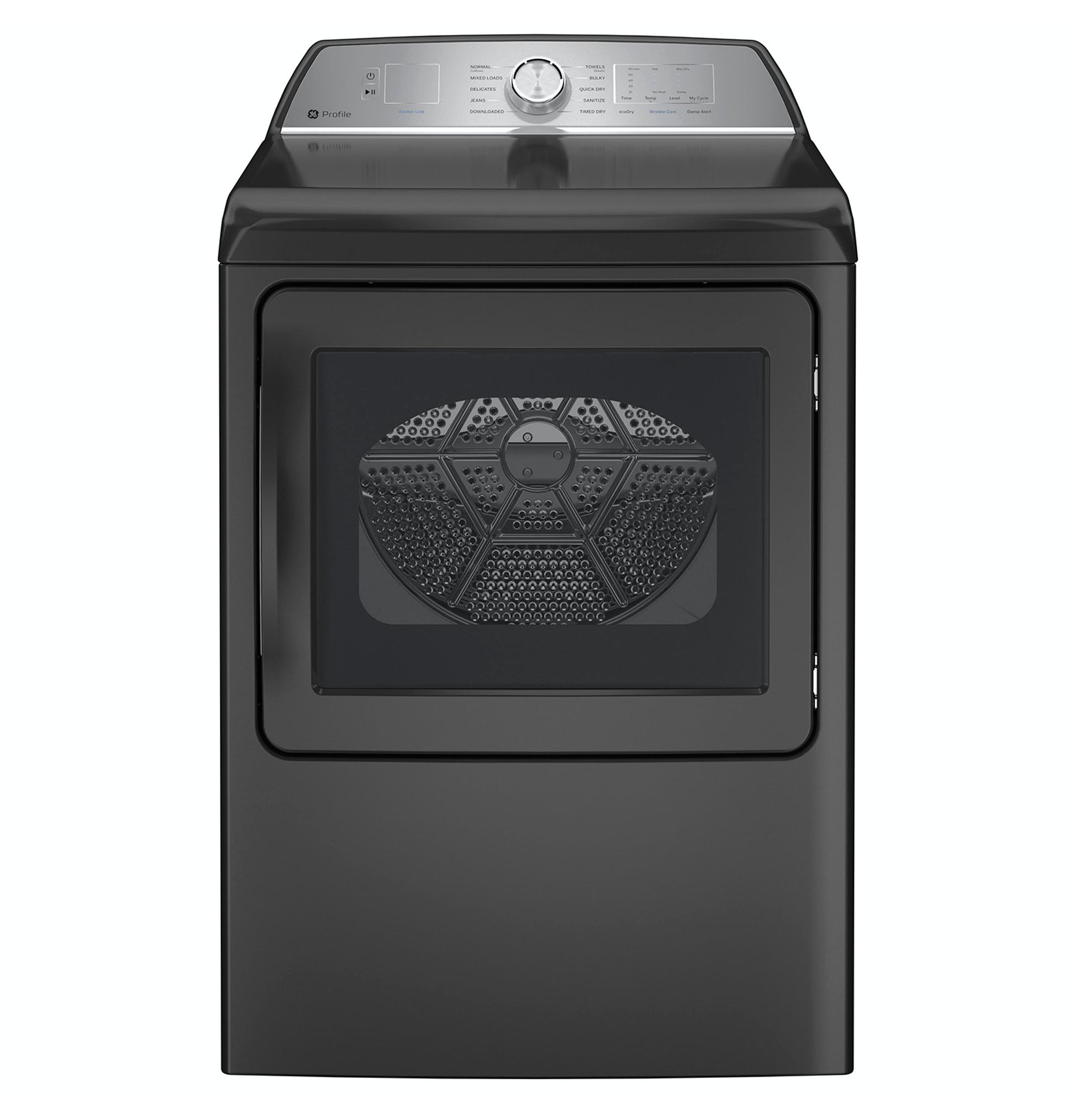 Black electric dryer with aluminized alloy drum visible through glass door and brushed metal control panel from Dryers collection