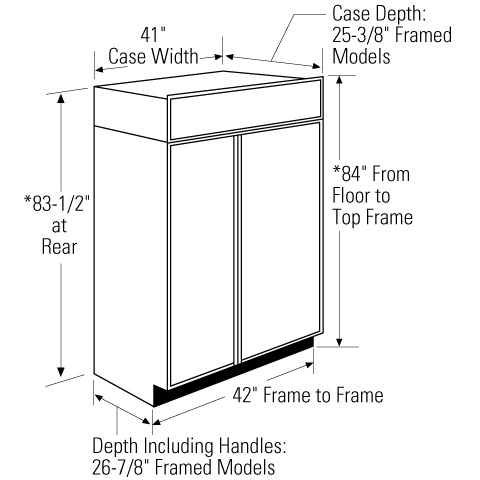 Technical diagram showing dimensions for a built-in side-by-side refrigerator in kitchen and appliances collections